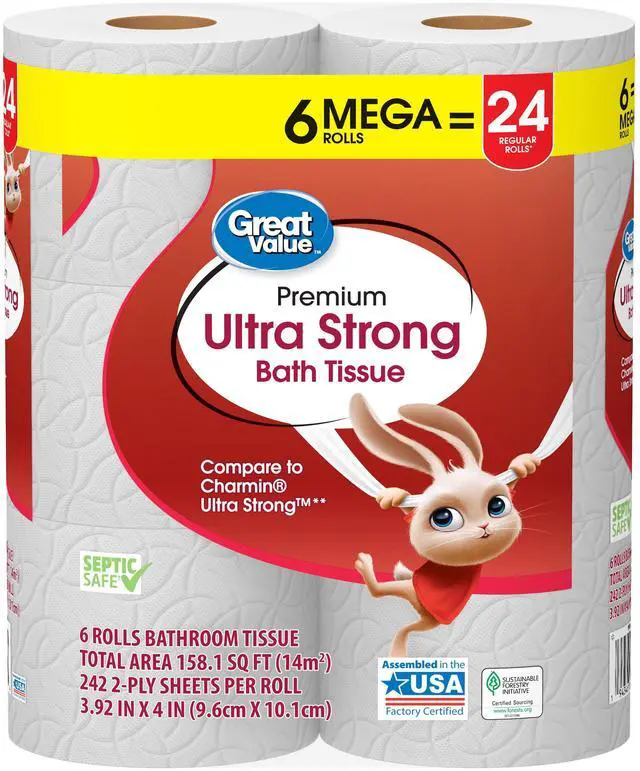 Alt view image 6 of 7 - Great Value Ultra Strong 2-Ply Toilet Paper, 6 Mega Rolls, Compare to Charmin® Ultra Strong