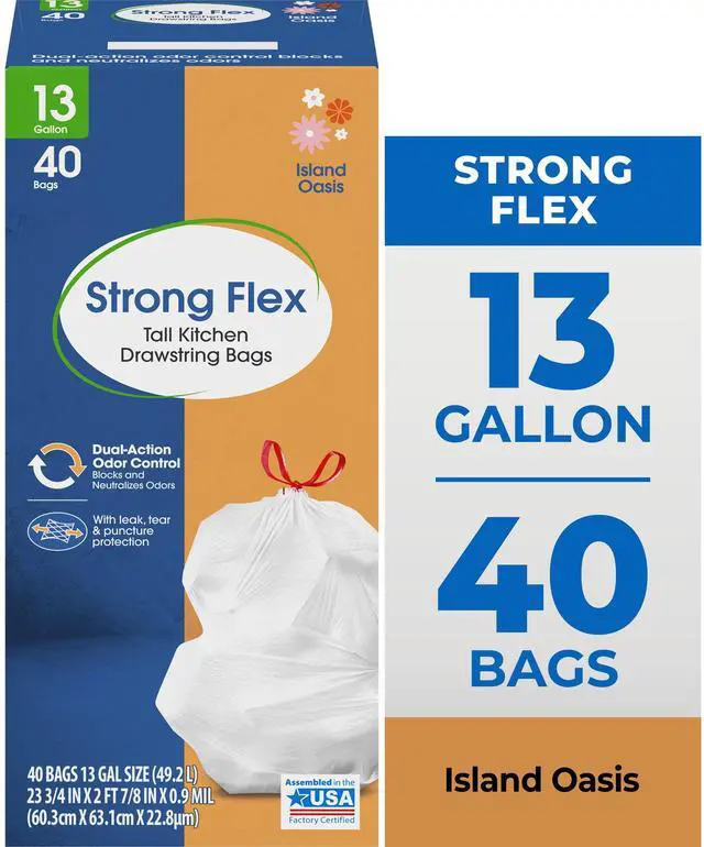 Main image of Great Value Strong Flex 13-Gallon Drawstring Tall Kitchen Trash Bags, Island Oasis, 40 Count