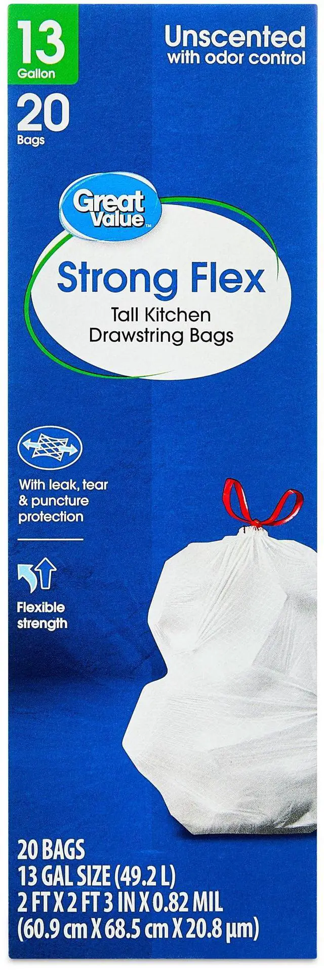 Alt view image 2 of 6 - Great Value 13 gal Strong Flex Tall Kitchen Drawstring Bags, Unscented, 20 Bags