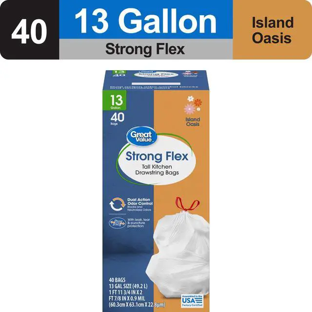 Alt view image 2 of 6 - Great Value Strong Flex 13-Gallon Drawstring Tall Kitchen Trash Bags, Island Oasis, 40 Count
