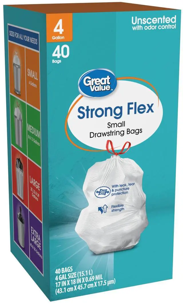 Alt view image 5 of 6 - Great Value 4 Gallon Strong Flex Small Drawstring Garbage Bags, 40 Bags