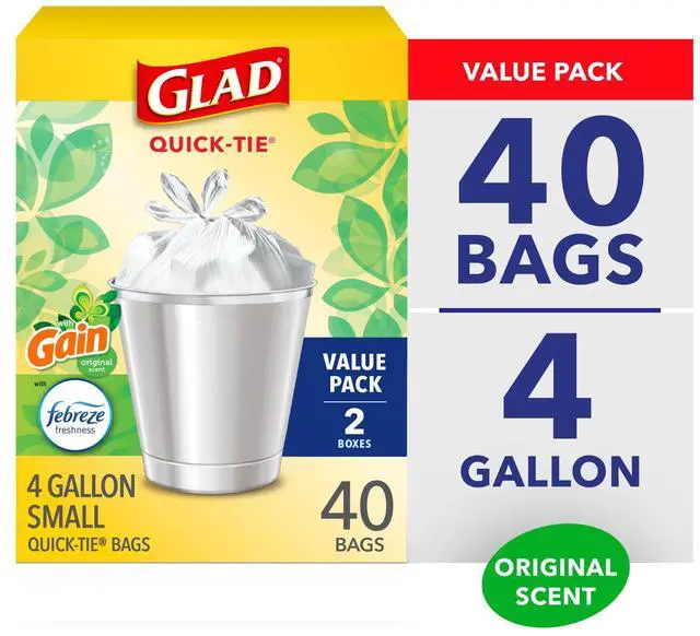Main image of Glad Quick-Tie 4-Gallon Small Trash Bags, Gain Original Scent, 20 Bags, 2 Pack