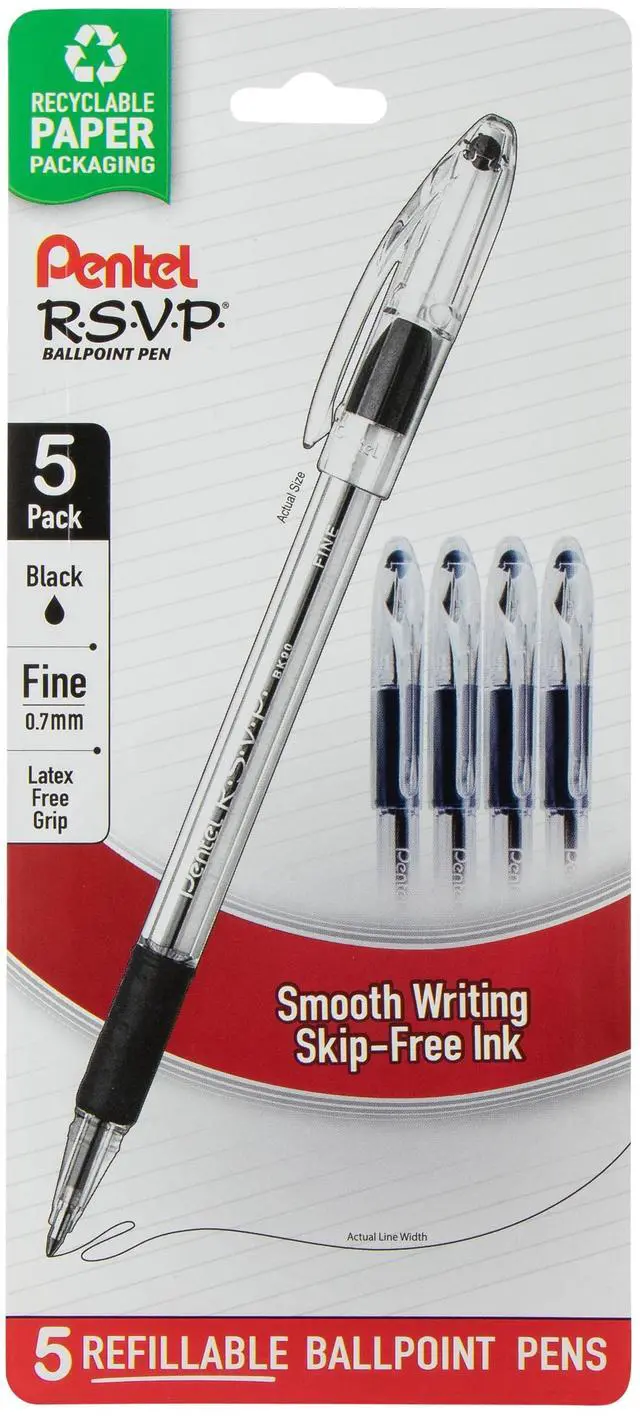 Main image of Pentel RSVP Ballpoint Pen, (0.7mm) Fine Line, Black Ink, 5 Pens Per Pack