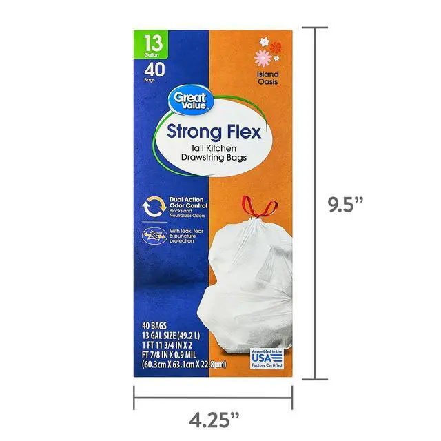 Alt view image 6 of 6 - Great Value Strong Flex 13-Gallon Drawstring Tall Kitchen Trash Bags, Island Oasis, 40 Count