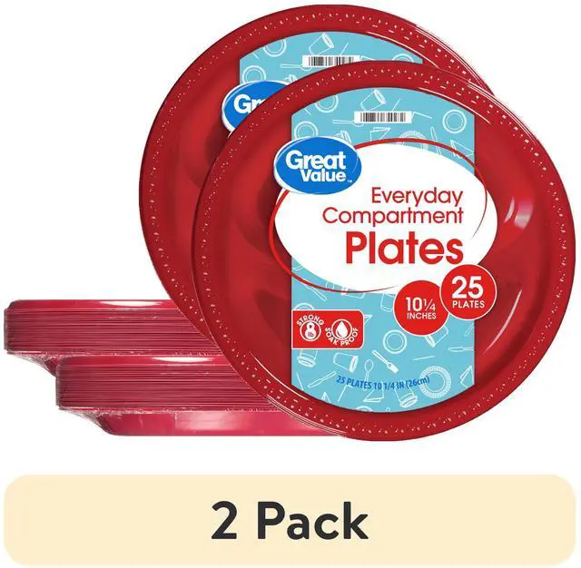Main image of (2 pack) Great Value Everyday Disposable Plastic Compartment Plates, Red, 10.25 in, 25 Count