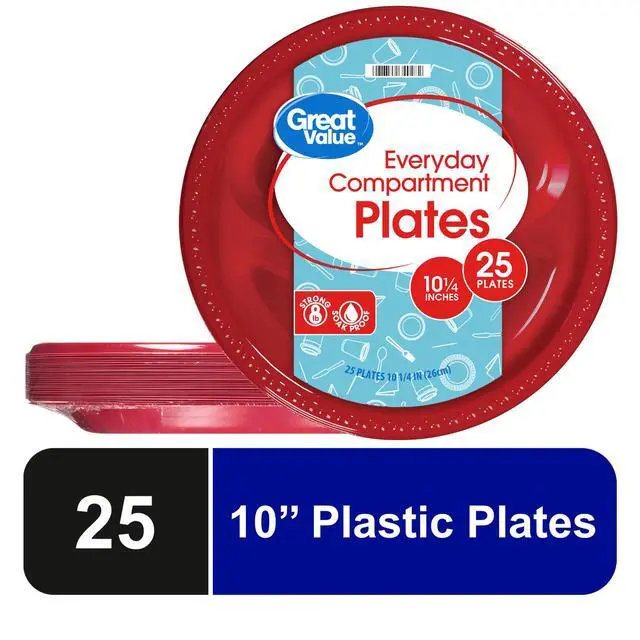 Alt view image 2 of 7 - (2 pack) Great Value Everyday Disposable Plastic Compartment Plates, Red, 10.25 in, 25 Count
