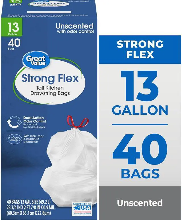 Main image of Great Value Strong Flex Tall Kitchen Drawstring Bags, 13 Gallon, Unscented, 40 Count