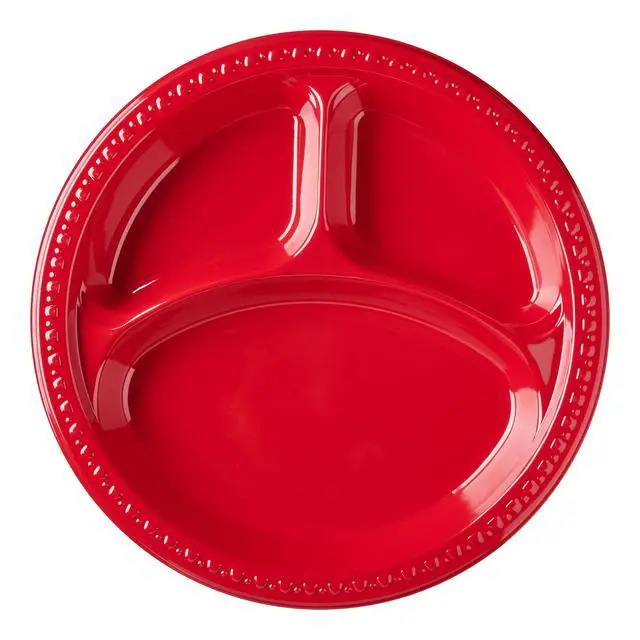 Alt view image 3 of 7 - (2 pack) Great Value Everyday Disposable Plastic Compartment Plates, Red, 10.25 in, 25 Count