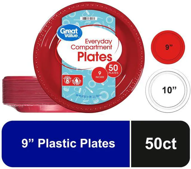Main image of Great Value Disposable Plastic Party Plates, Red, 9 in, 50 Count