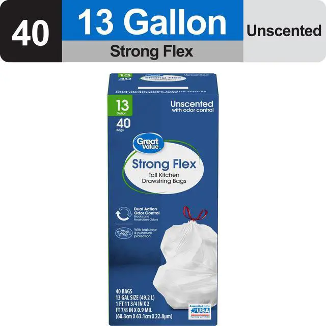 Alt view image 2 of 6 - Great Value Strong Flex Tall Kitchen Drawstring Bags, 13 Gallon, Unscented, 40 Count