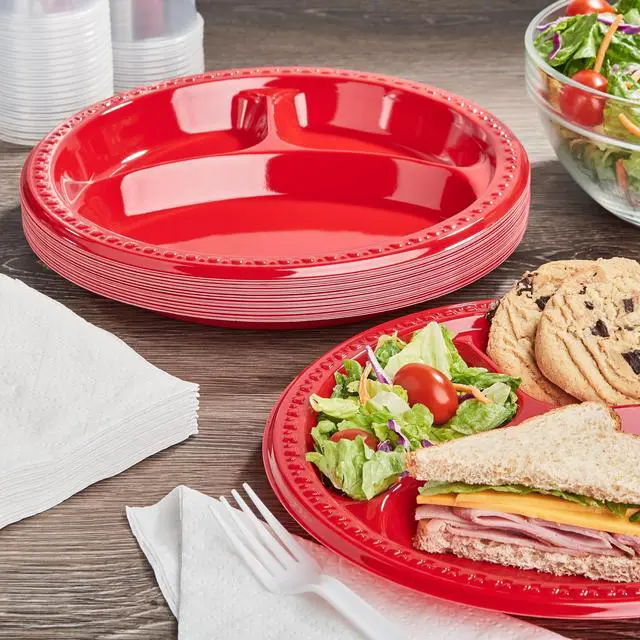 Alt view image 4 of 7 - (2 pack) Great Value Everyday Disposable Plastic Compartment Plates, Red, 10.25 in, 25 Count