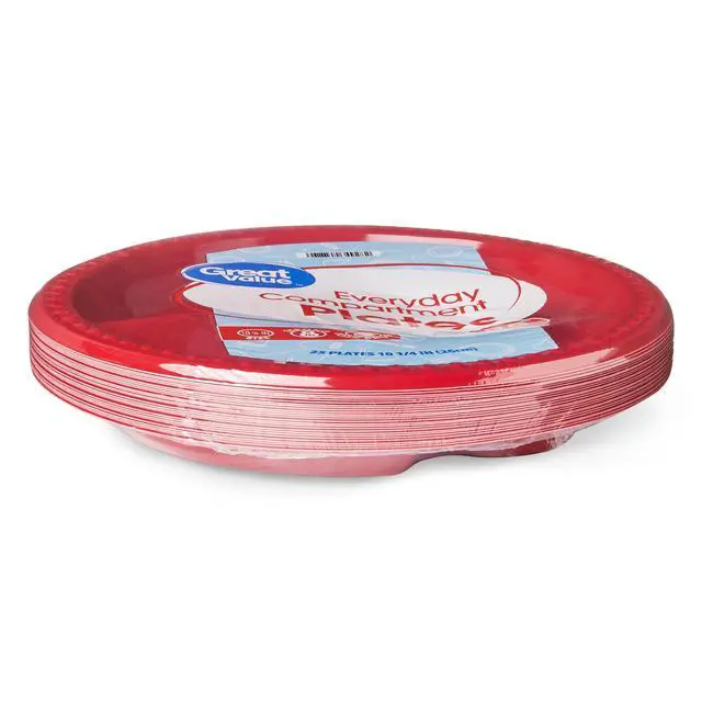Alt view image 5 of 7 - (2 pack) Great Value Everyday Disposable Plastic Compartment Plates, Red, 10.25 in, 25 Count