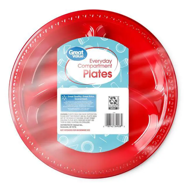 Alt view image 6 of 7 - (2 pack) Great Value Everyday Disposable Plastic Compartment Plates, Red, 10.25 in, 25 Count