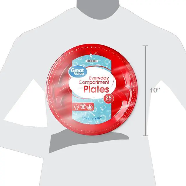 Alt view image 7 of 7 - (2 pack) Great Value Everyday Disposable Plastic Compartment Plates, Red, 10.25 in, 25 Count