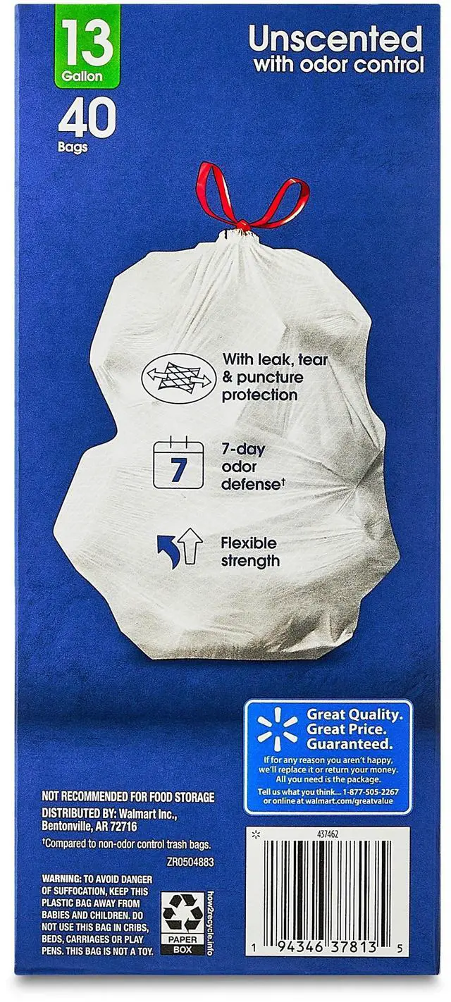 Alt view image 4 of 6 - Great Value Strong Flex Tall Kitchen Drawstring Bags, 13 Gallon, Unscented, 40 Count