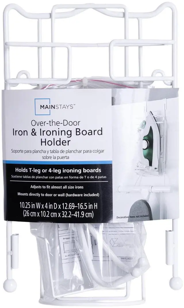 Alt view image 7 of 7 - Mainstays OvertheDoor Iron & Ironing Board Holder SpaceSaving Steel Storage Rack, White