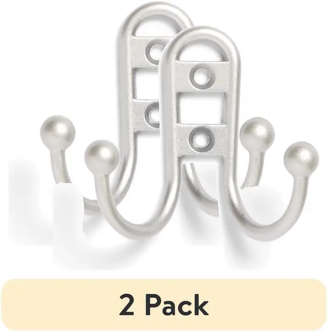 Main image of (2 pack) Mainstays, Double Hook Satin Nickel Metal Hooks, for Hanging Towels and Coats, 10 lbs Capacity, 1 Pc
