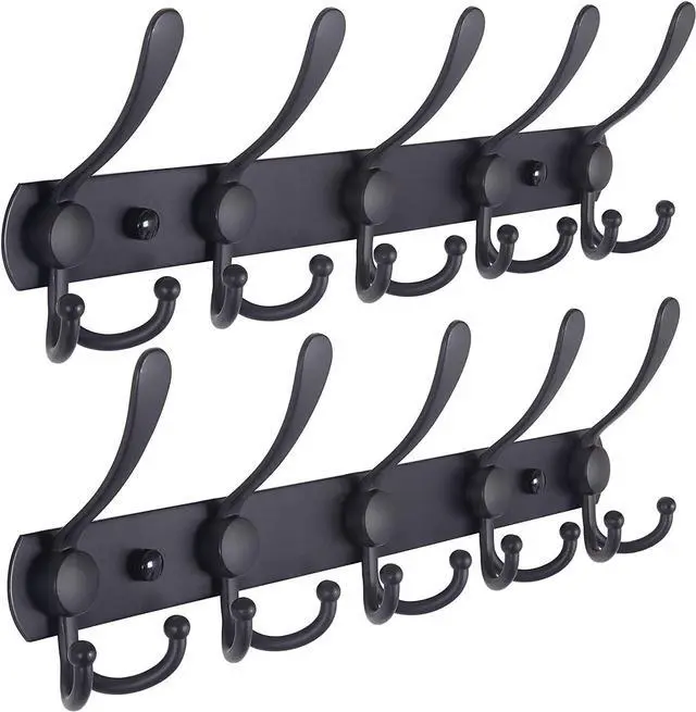 Main image of Coat Rack Wall Mounted , Heavy Duty, 5 Tri Hooks,Stainless Steel, Metal Coat Hook Rail for Coat Hat Towel Purse Robes Mudroom Bathroom Entryway (Black, 2 Packs)