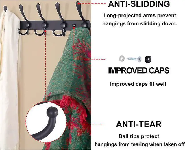 Alt view image 3 of 7 - Coat Rack Wall Mounted , Heavy Duty, 5 Tri Hooks,Stainless Steel, Metal Coat Hook Rail for Coat Hat Towel Purse Robes Mudroom Bathroom Entryway (Black, 2 Packs)
