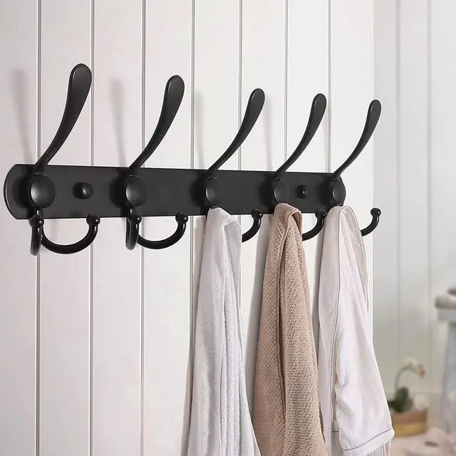 Alt view image 4 of 7 - Coat Rack Wall Mounted , Heavy Duty, 5 Tri Hooks,Stainless Steel, Metal Coat Hook Rail for Coat Hat Towel Purse Robes Mudroom Bathroom Entryway (Black, 2 Packs)