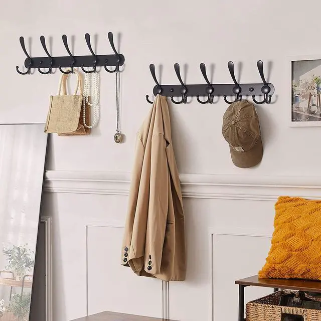 Alt view image 5 of 7 - Coat Rack Wall Mounted , Heavy Duty, 5 Tri Hooks,Stainless Steel, Metal Coat Hook Rail for Coat Hat Towel Purse Robes Mudroom Bathroom Entryway (Black, 2 Packs)