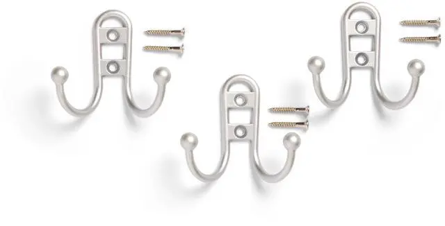 Main image of Mainstays, Double Hook Satin Nickel Metal Hooks, Clutter-Free Hooks for Hanging Towels and Coats, 10 lbs Capacity, 3 Pack