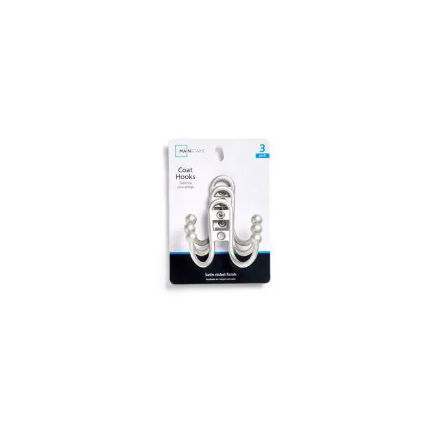 Alt view image 2 of 5 - Mainstays, Double Hook Satin Nickel Metal Hooks, Clutter-Free Hooks for Hanging Towels and Coats, 10 lbs Capacity, 3 Pack