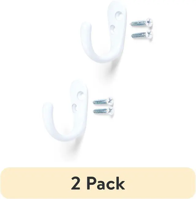 Main image of (2 pack) Mainstays, White Metal Hooks, Clutter-Free Hooks for Hanging Towels and Coats, 10 lbs Capacity, 2 Pack