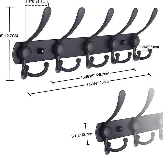 Alt view image 6 of 7 - Coat Rack Wall Mounted , Heavy Duty, 5 Tri Hooks,Stainless Steel, Metal Coat Hook Rail for Coat Hat Towel Purse Robes Mudroom Bathroom Entryway (Black, 2 Packs)