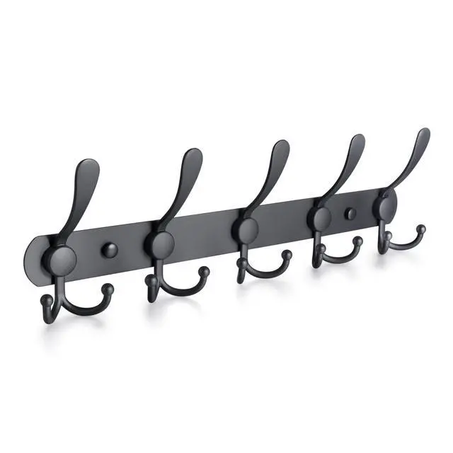 Alt view image 7 of 7 - Coat Rack Wall Mounted , Heavy Duty, 5 Tri Hooks,Stainless Steel, Metal Coat Hook Rail for Coat Hat Towel Purse Robes Mudroom Bathroom Entryway (Black, 2 Packs)