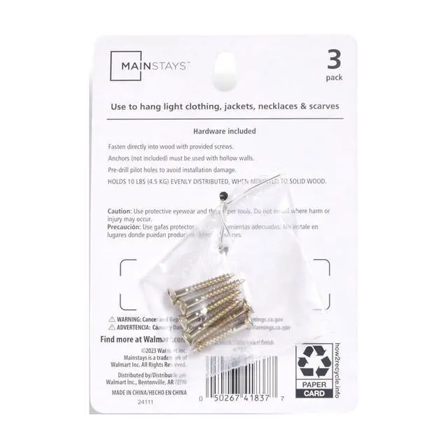 Alt view image 3 of 5 - Mainstays, Double Hook Satin Nickel Metal Hooks, Clutter-Free Hooks for Hanging Towels and Coats, 10 lbs Capacity, 3 Pack