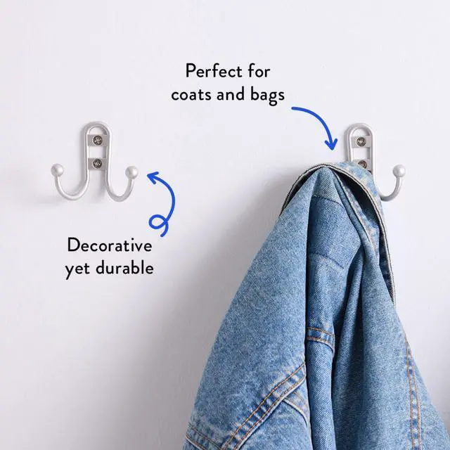 Alt view image 4 of 5 - Mainstays, Double Hook Satin Nickel Metal Hooks, Clutter-Free Hooks for Hanging Towels and Coats, 10 lbs Capacity, 3 Pack