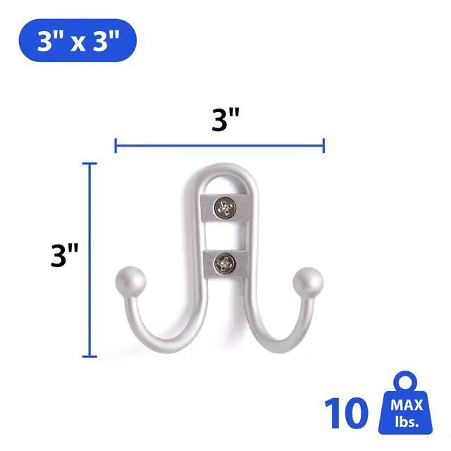 Alt view image 5 of 5 - Mainstays, Double Hook Satin Nickel Metal Hooks, Clutter-Free Hooks for Hanging Towels and Coats, 10 lbs Capacity, 3 Pack