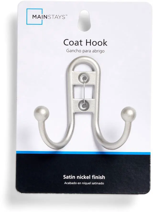Alt view image 4 of 5 - (2 pack) Mainstays, Double Hook Satin Nickel Metal Hooks, for Hanging Towels and Coats, 10 lbs Capacity, 1 Pc