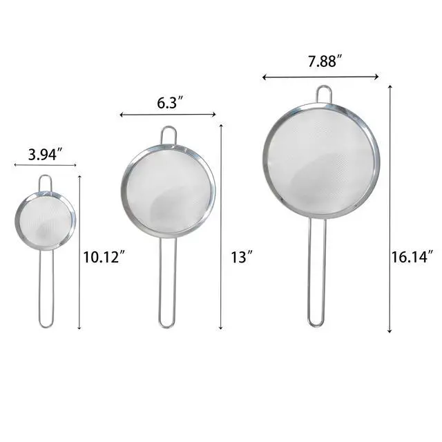 Alt view image 3 of 7 - Mainstays 3 Pack Premium Stainless Steel Fine Mesh Strainers, 4", 6", and 8", Silver