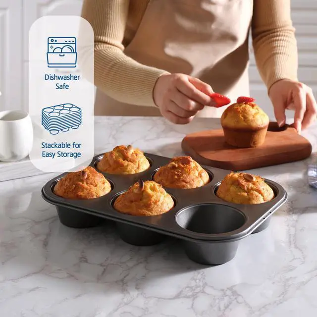 Alt view image 2 of 7 - Mainstays 6 Cup Jumbo Muffin Pan, Non-Stick Bakeware,3.4 inch Diameter Cups,Gray,Carbon Steel