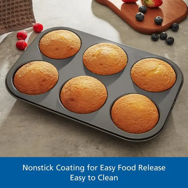 Alt view image 5 of 7 - Mainstays 6 Cup Jumbo Muffin Pan, Non-Stick Bakeware,3.4 inch Diameter Cups,Gray,Carbon Steel