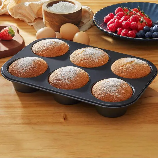 Alt view image 6 of 7 - Mainstays 6 Cup Jumbo Muffin Pan, Non-Stick Bakeware,3.4 inch Diameter Cups,Gray,Carbon Steel