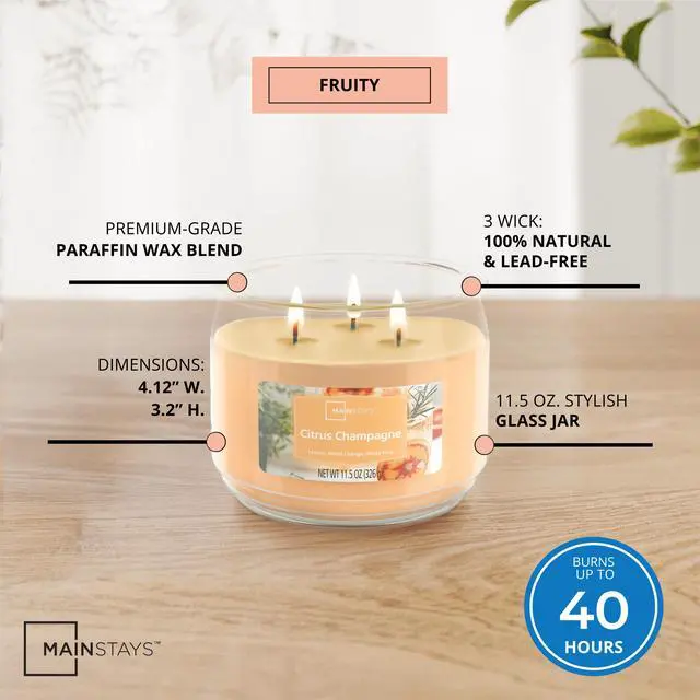 Alt view image 3 of 7 - (4 pack) Mainstays 3-Wick Scented Glass Jar Candle, Citrus Champagne, 11.5 oz