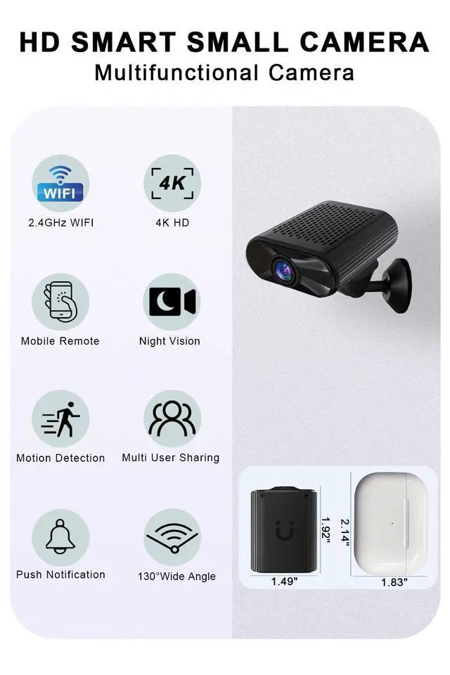 Alt view image 2 of 6 - Mini Camera - 4K HD Wireless Small Camera - Tiny Indoor Security Cameras with Night Vision & Motion Detection, APP Control Nanny Cam for Home, Office, Baby, Pet, Miniguard Cam ( 2.4G & 5GHz WiFi )