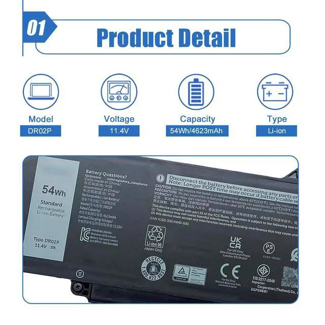 Alt view image 2 of 6 - 54Wh DR02P R73TC Laptop Battery Compatible with Dell Latitude 5550 5540 5450 5440 Precision 3590 3580 3480 3490 Series 2X1V9 02X1V9 803W6 0803W6 11.4V 4623mAh