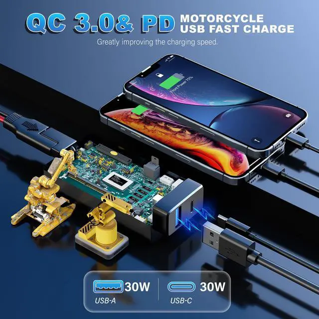Alt view image 2 of 6 - YONHAN Motorcycle Phone Charger Dual USB Type C PD & QC 3.0