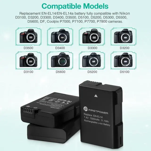 Alt view image 3 of 6 - FirstPower EN-EL14/EN-EL14a Battery 3Pcs with Triple Slot Charger for Nikon