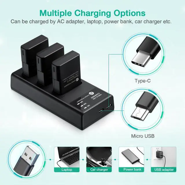Alt view image 4 of 6 - FirstPower EN-EL14/EN-EL14a Battery 3Pcs with Triple Slot Charger for Nikon