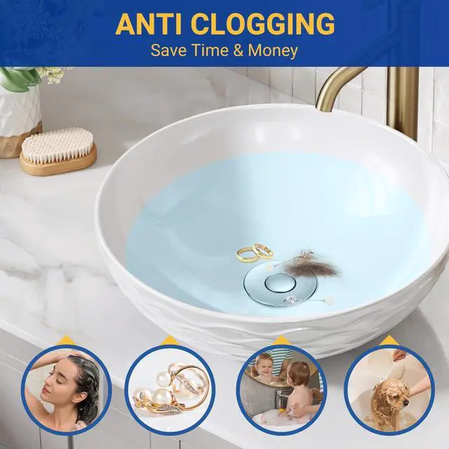 Alt view image 2 of 6 - 2PCS Bathroom Sink Stopper Strainer, Pop-Up Bathroom Sink Drain Strainer with Removable Stainless Steel Hair Catcher Basket, Universal Fit for US Bathroom Sinks, Bathtubs, Showers & Floor Drains