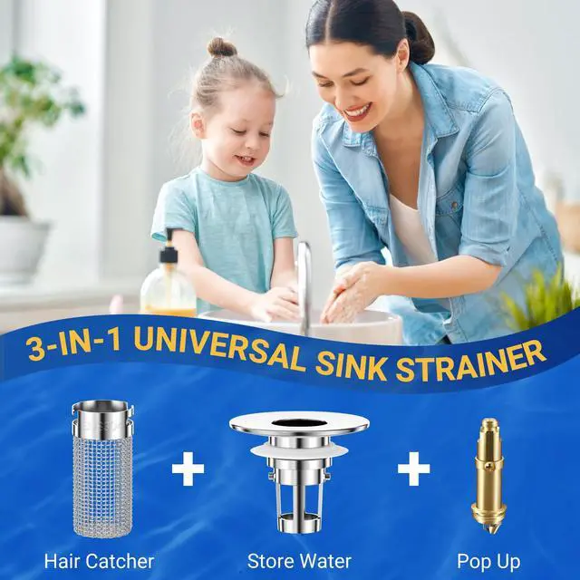 Alt view image 5 of 6 - 2PCS Bathroom Sink Stopper Strainer, Pop-Up Bathroom Sink Drain Strainer with Removable Stainless Steel Hair Catcher Basket, Universal Fit for US Bathroom Sinks, Bathtubs, Showers & Floor Drains