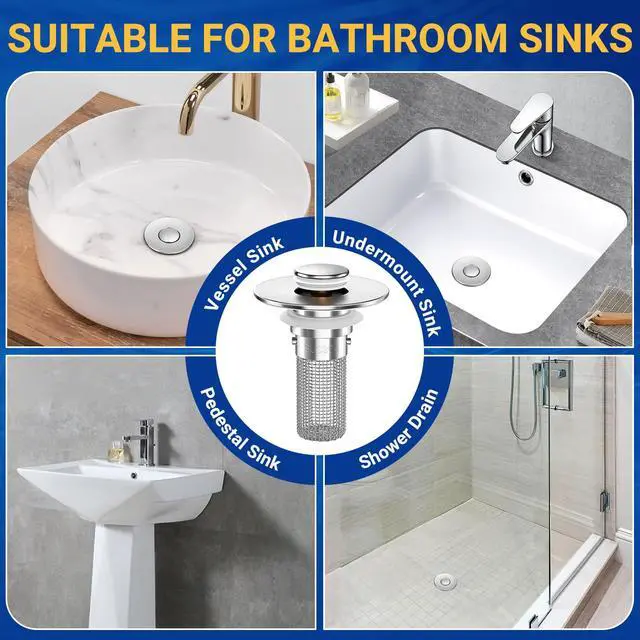 Alt view image 6 of 6 - 2PCS Bathroom Sink Stopper Strainer, Pop-Up Bathroom Sink Drain Strainer with Removable Stainless Steel Hair Catcher Basket, Universal Fit for US Bathroom Sinks, Bathtubs, Showers & Floor Drains