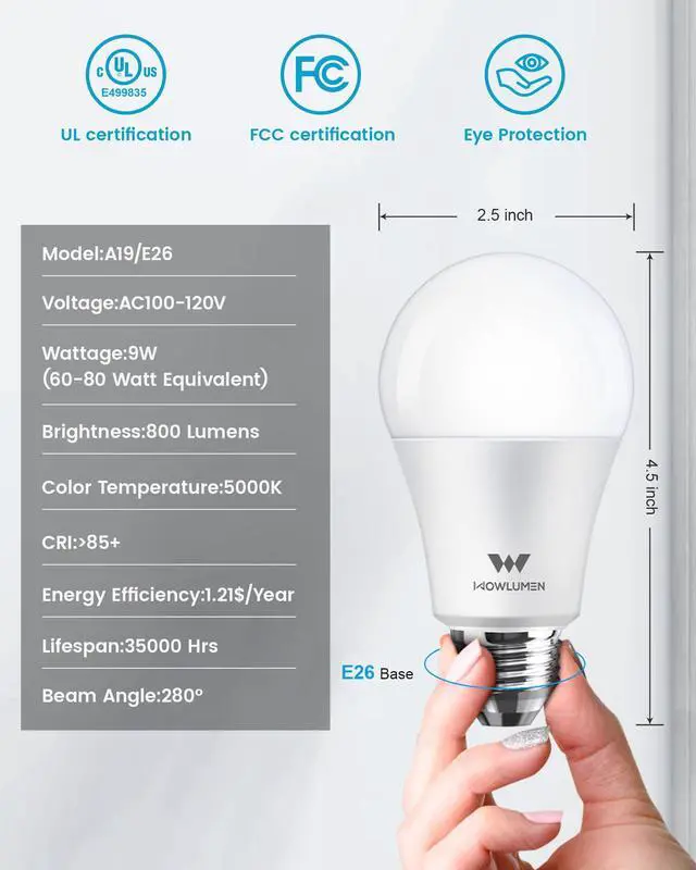 Alt view image 2 of 5 - A19 LED Light Bulb, 9W E26 Lighting Bulbs(60 Watt Equivalent),5000K Cool White, 800LM Standard Base for Kitchen, Living Room, Corridor, Office, UL Listed, 4 Packs
