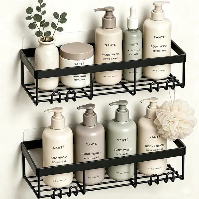 Main image of Moforoco Shower Caddy Shelf Organizer Rack, Self Adhesive Black Bathroom Shelves Basket, Home Farmhouse Wall Inside Organization and Storage Decor Rv Accessories, First Camper Apartment Essentials