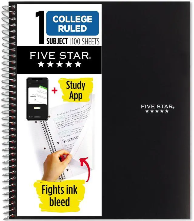 Main image of Five Star Spiral Notebook Plus Study App, 1 Subject, College Ruled Paper, 100 Sheets, 8-1/2" x 11", School, Black (72057)